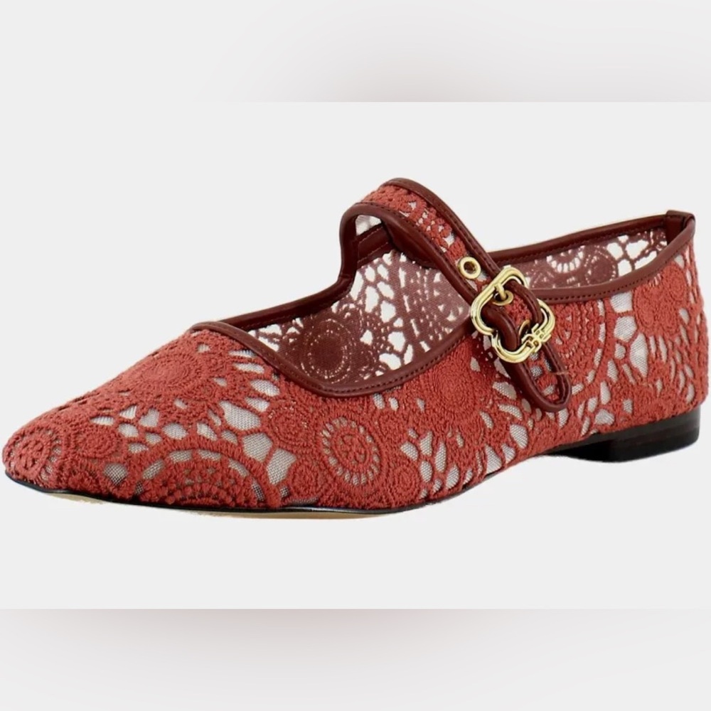 Sam Edelman Michaela Deep Scarlet Mesh lace Fabric Mary Jane Flats size 10 new - Picture 6 of 11
